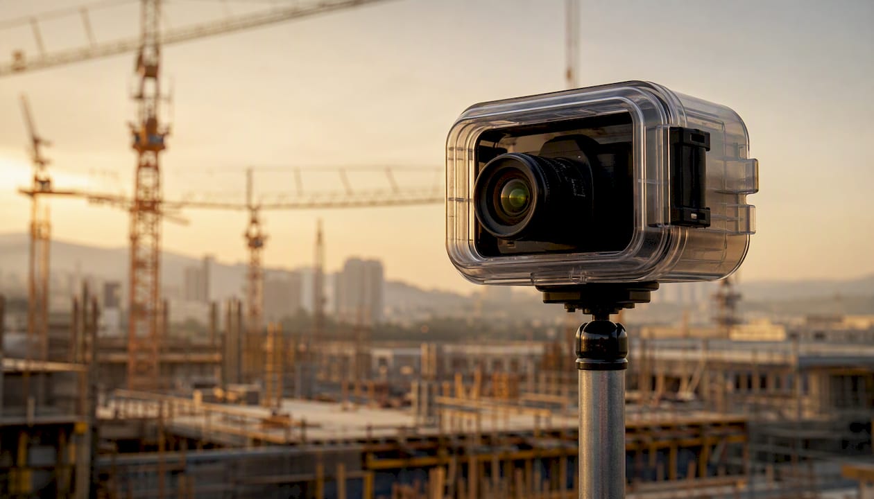 Fotocamera reflex professionale installata in una custodia protettiva presso un cantiere edile.