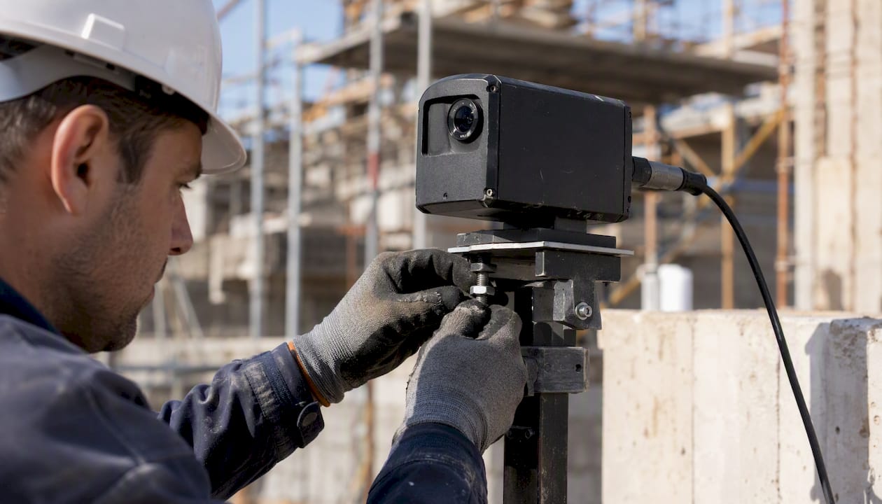 Tecnico al lavoro mentre regola una telecamera per il timelapse in cantiere